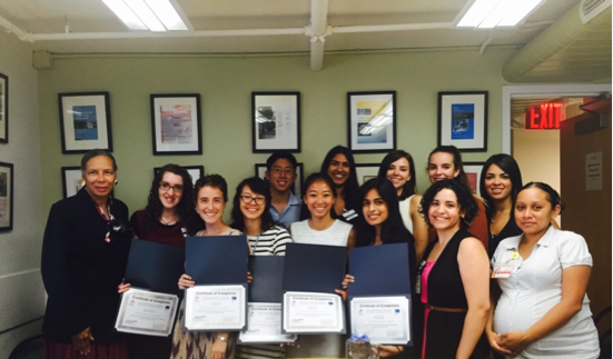 This summer, TouroCOM-Harlem students Anisha Lashkari (bottom row, holding award, far right), Elizabeth Chu (next to Anisha) and Yakira Abramowitz (first, far left) were accepted to the competitive Summer Emergency Medicine Research Program at Mount Sinai Icahn School of Medicine. 