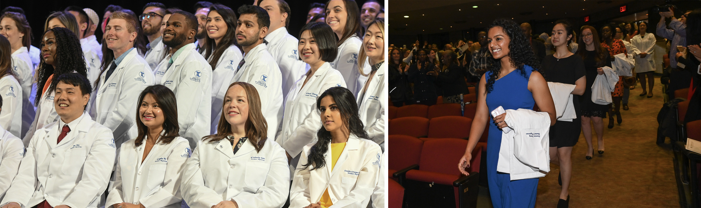 various TouroCom students wearing their white coats on stage at ceremony, TouroCOM students walking down the aisle holding their white coats