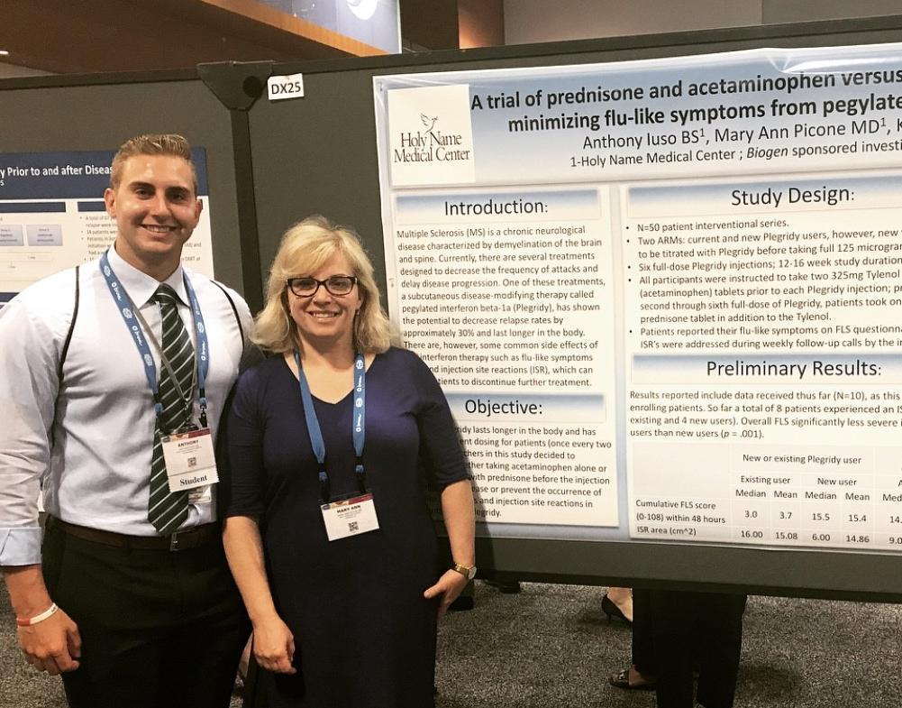 TouroCOM Harlem student Anthony Iuso presenting his research on countering the effects of flu-like symptoms from a popular MS drug at the Consortium of Multiple Sclerosis Conference in 2018 with Dr. Mary Picone of Holy Name Medical Center. He continued his research during the summer after his first year of medical school.   