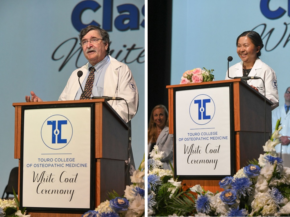 Dr. Alex Braun and Dr. Tanchun Wang were selected as TouroCOM Middletown's Teachers of the Year. They received their awards at the TouroCOM Middletown White Coat Ceremony on July 22.