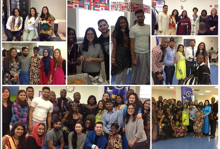 A collage of several photographs of TouroCOM and TCOP students when they gathered together for the annual Tastes of the World celebration.