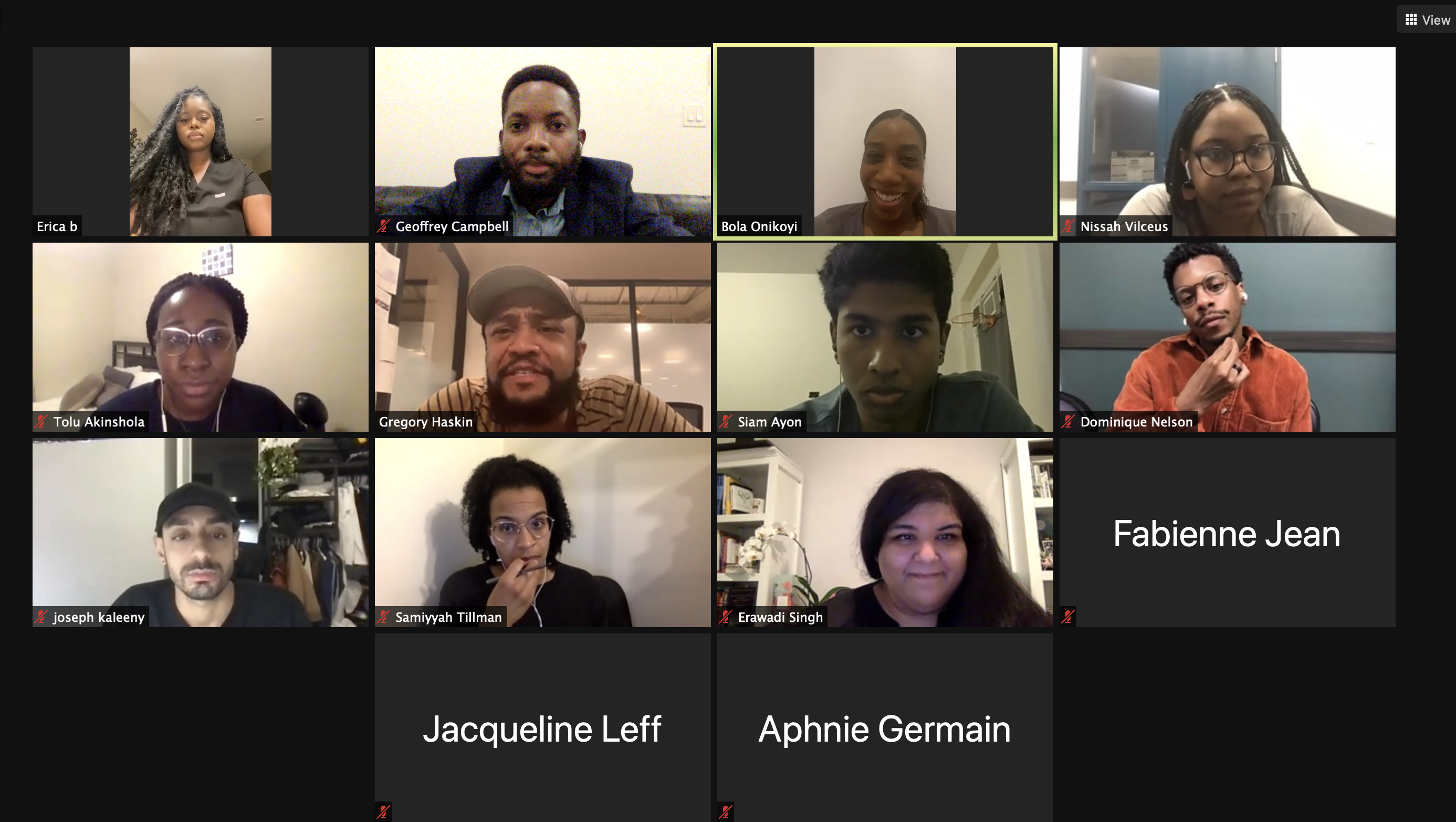 A screenshot of several individual computer screens during a Zoom meeting for TouroCOM\'s Alumni of Color event on April 8. 
