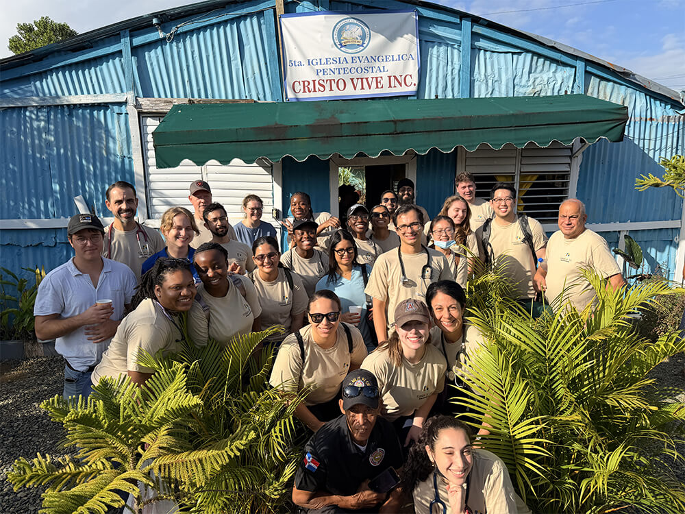 Students and faculty outside a church in the Dominican Republic. 