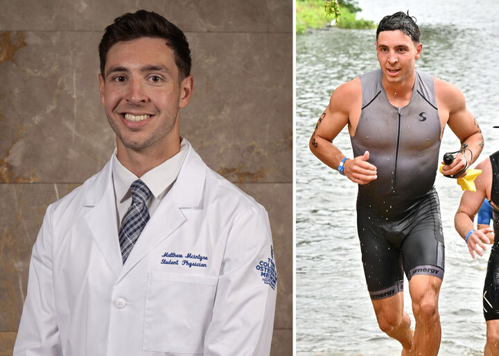 Two images side-by-side: Matt McIntyre in a white coat; McIntyre in the middle of a triathlon. 