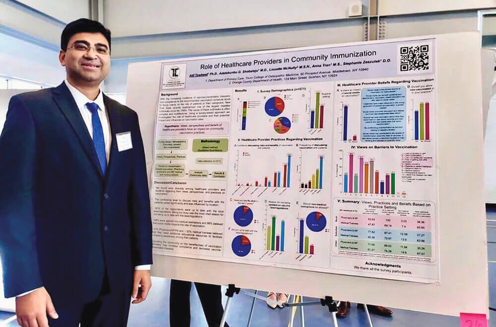 Atif Towheed standing in a suit and tie in front of his research poster on an easel. The poster has a series of charts and pie graphs, titled Role of Healthcare Providers in Community Immunization