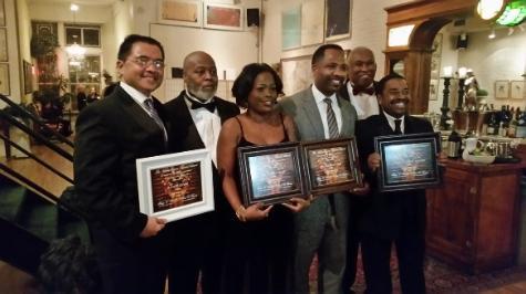 L-R: Honorees and Hosts Randy Gener, Clark D. Everson, TouroCOM Dean of Student Affairs Nadege Dady, Ed.D., William Gibbs, M.D., Professor Richard Alston (front), Henry C. Rawls